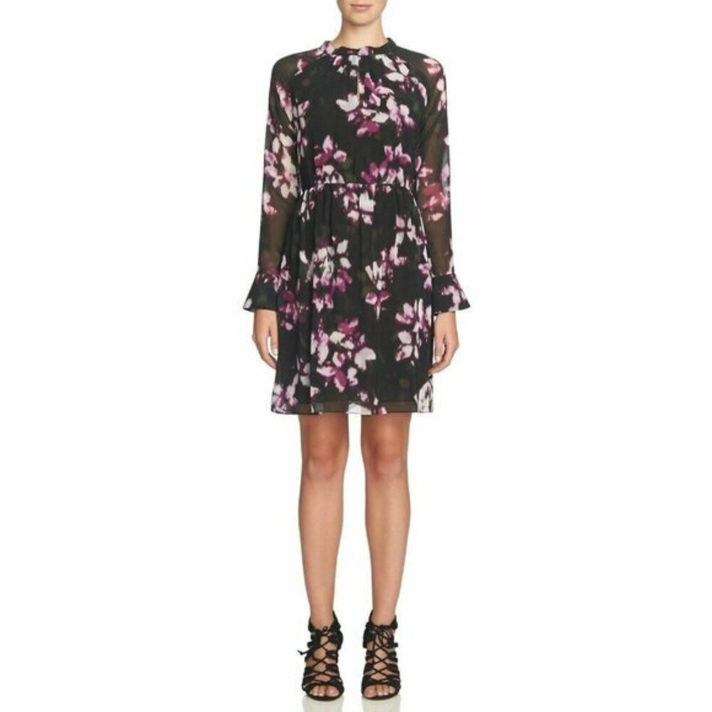 Cynthia Steffe Floral Print Chiffon Casual Cocktail Dress Purple Black SZ 8 New
